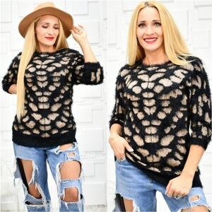 FUZZY KNIT ANIMAL PRINT SWEATER